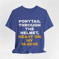 Thumbnail for Ponytail Through The Helmet, Heart On My Sleeve — Softball T-Shirt