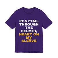 Thumbnail for Ponytail Through The Helmet, Heart On My Sleeve — Softball T-Shirt