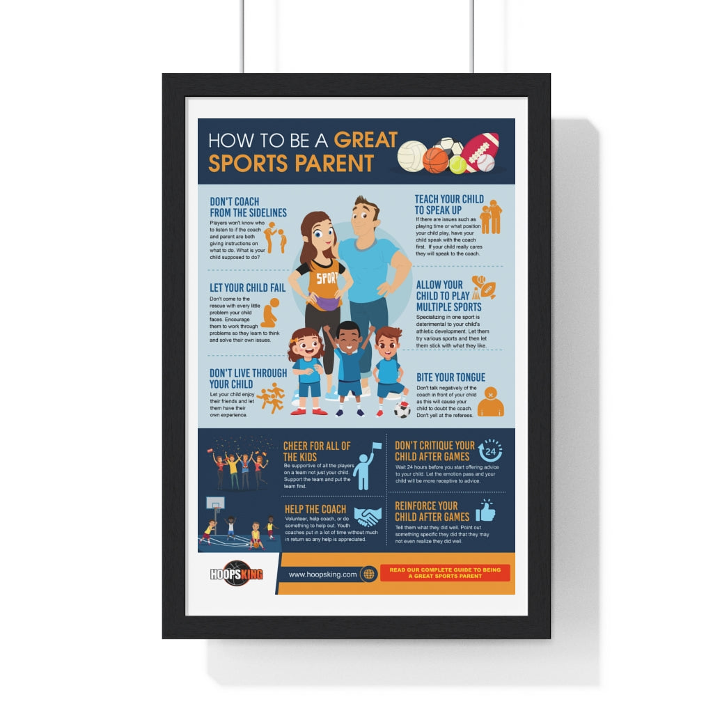Infografía sobre cómo ser un gran padre deportista: póster vertical enmarcado de primera calidad
