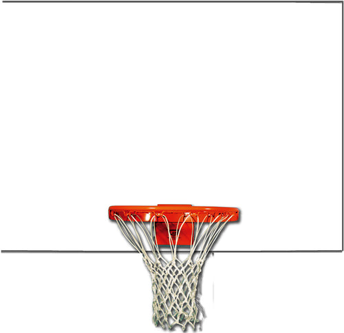 White basketball backboard with an orange rim and white net.