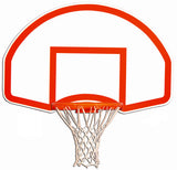 White fan-shaped basketball backboard with orange markings, rim, and white net.