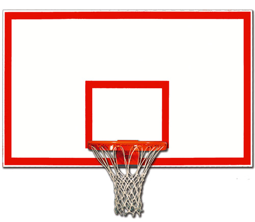 White basketball backboard with red markings, orange rim, and white net.