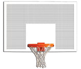 White perforated steel basketball backboard with an orange rim and white net.