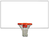 White basketball backboard with an orange rim and white net.