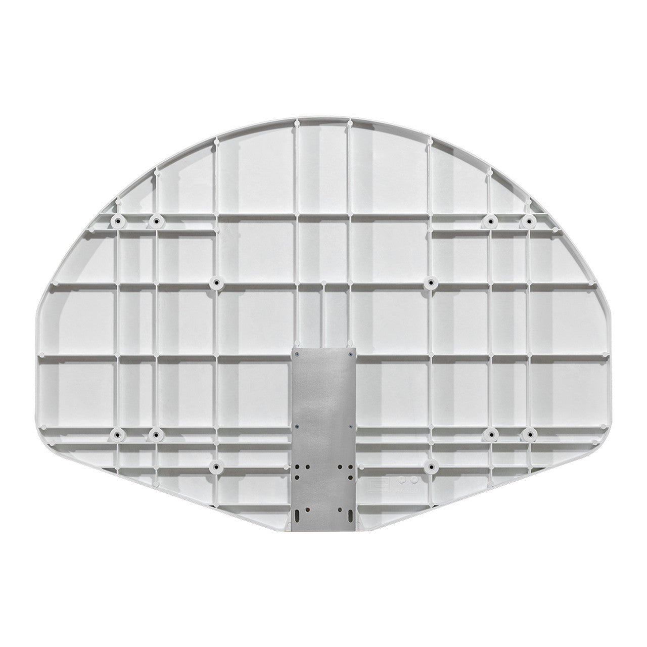 Back view of the fan-shape fiberglass backboard showing the rib-reinforced structure and center steel mounting plate