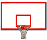 White basketball backboard with red border and target, orange hoop, and white net.