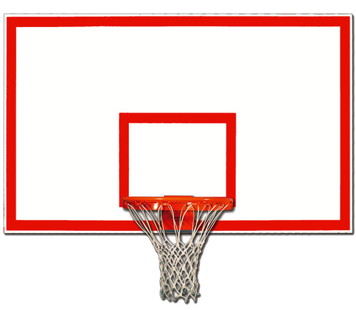 White basketball backboard with red border and target, orange hoop, and white net.