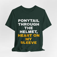 Thumbnail for Ponytail Through The Helmet, Heart On My Sleeve — Softball T-Shirt