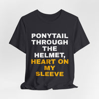 Thumbnail for Ponytail Through The Helmet, Heart On My Sleeve — Softball T-Shirt
