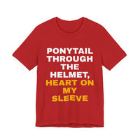 Thumbnail for Ponytail Through The Helmet, Heart On My Sleeve — Softball T-Shirt