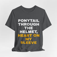 Thumbnail for Ponytail Through The Helmet, Heart On My Sleeve — Softball T-Shirt