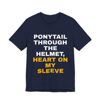 Thumbnail for Ponytail Through The Helmet, Heart On My Sleeve — Softball T-Shirt