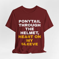 Thumbnail for Ponytail Through The Helmet, Heart On My Sleeve — Softball T-Shirt