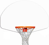 Clear fan-shaped basketball backboard with an orange hoop and white net.