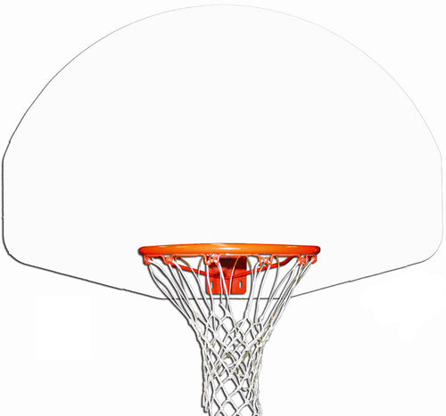 Clear fan-shaped basketball backboard with an orange hoop and white net.