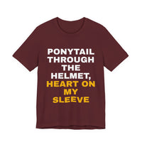 Thumbnail for Ponytail Through The Helmet, Heart On My Sleeve — Softball T-Shirt