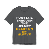 Thumbnail for Ponytail Through The Helmet, Heart On My Sleeve — Softball T-Shirt