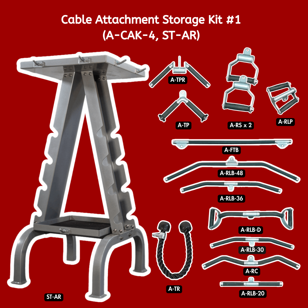 Grey metal cable attachment storage rack with various black and grey cable machine attachments.