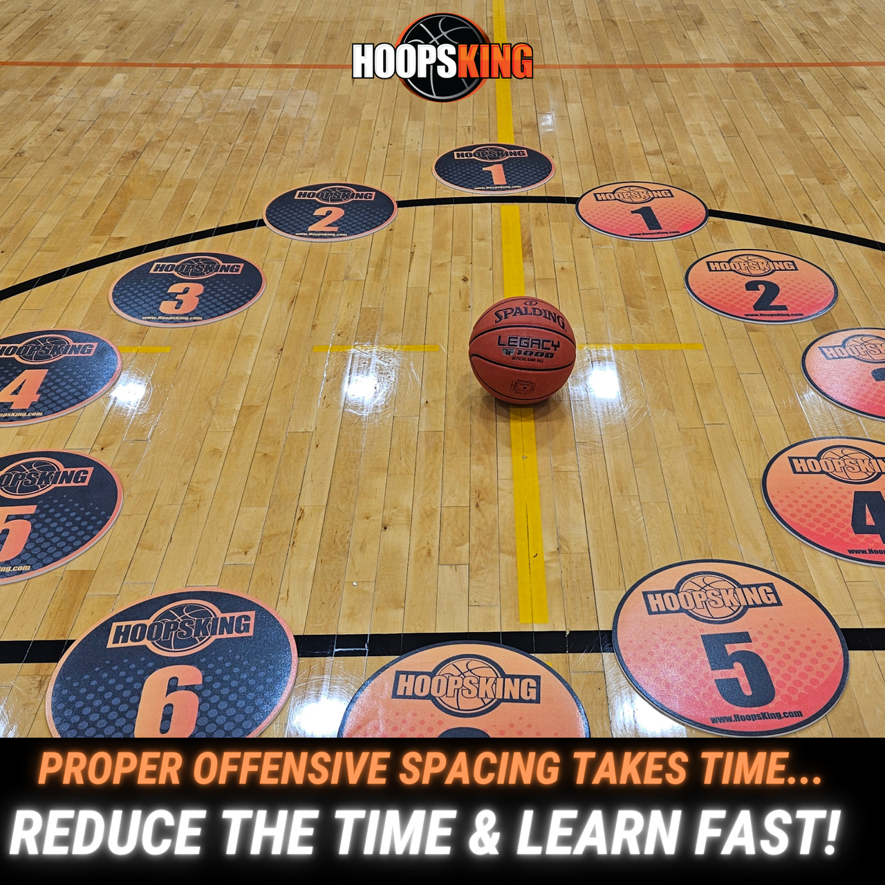 Basketball court with numbered HoopsKing spot markers and a basketball.