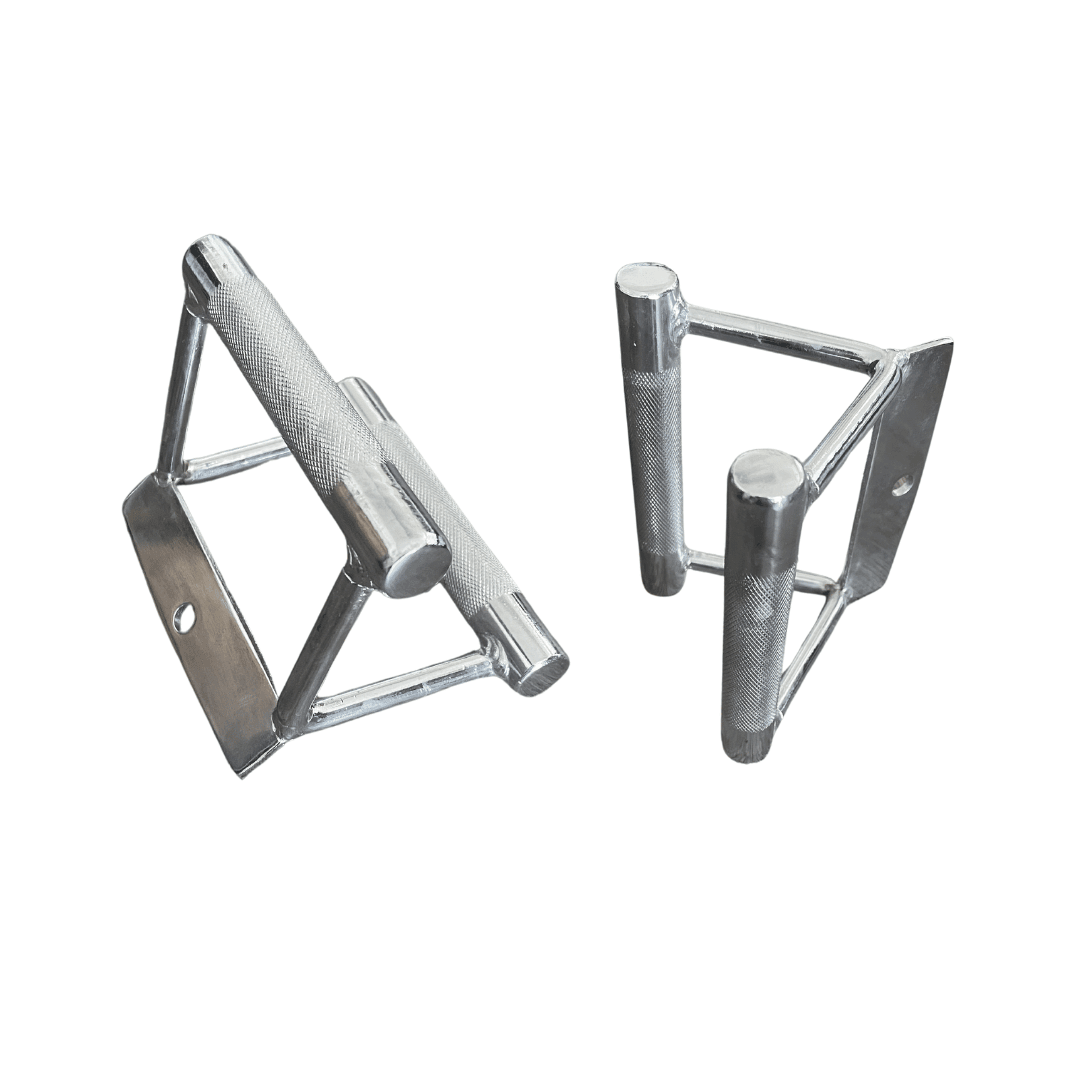 Two chrome triangle cable attachments with knurled handles, one angled left and one angled right.