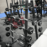 Thumbnail for Rack of urethane barbells with straight and curl bars, showing weights from 20 to 50 lbs.