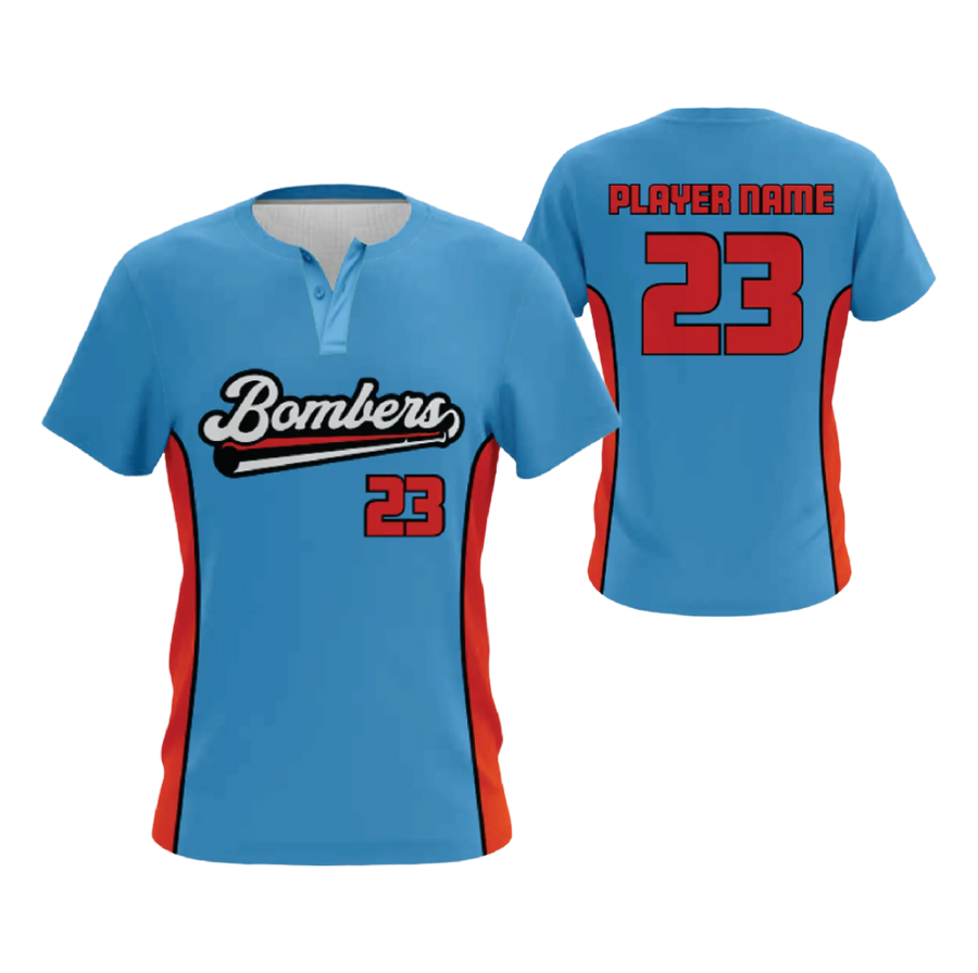 Light blue baseball jersey with "Bombers" and "23" on front, "PLAYER NAME" and "23" on back.