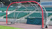 Thumbnail for Large batting practice cage surrounding home plate with red rail padding