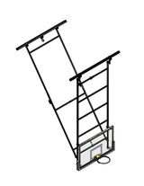 Ceiling-hung basketball backstop with a clear backboard and yellow rim, shown folded up.