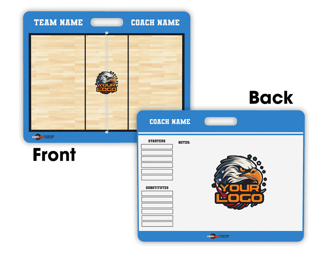Blue volleyball coaching board, front shows court, back has roster and "Your Logo" eagle graphic.
