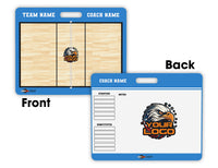 Thumbnail for Blue volleyball coaching board, front shows court, back has roster and "Your Logo" eagle graphic.