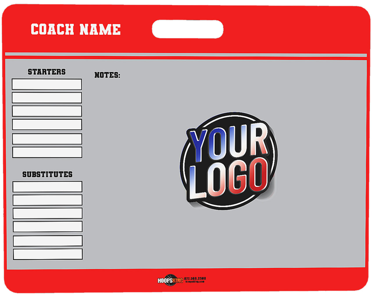 Red and gray custom volleyball coaching board with "COACH NAME", "STARTERS", "SUBSTITUTES", "NOTES", and "YOUR LOGO".
