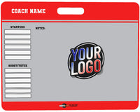 Thumbnail for Red and gray custom volleyball coaching board with "COACH NAME", "STARTERS", "SUBSTITUTES", "NOTES", and "YOUR LOGO".