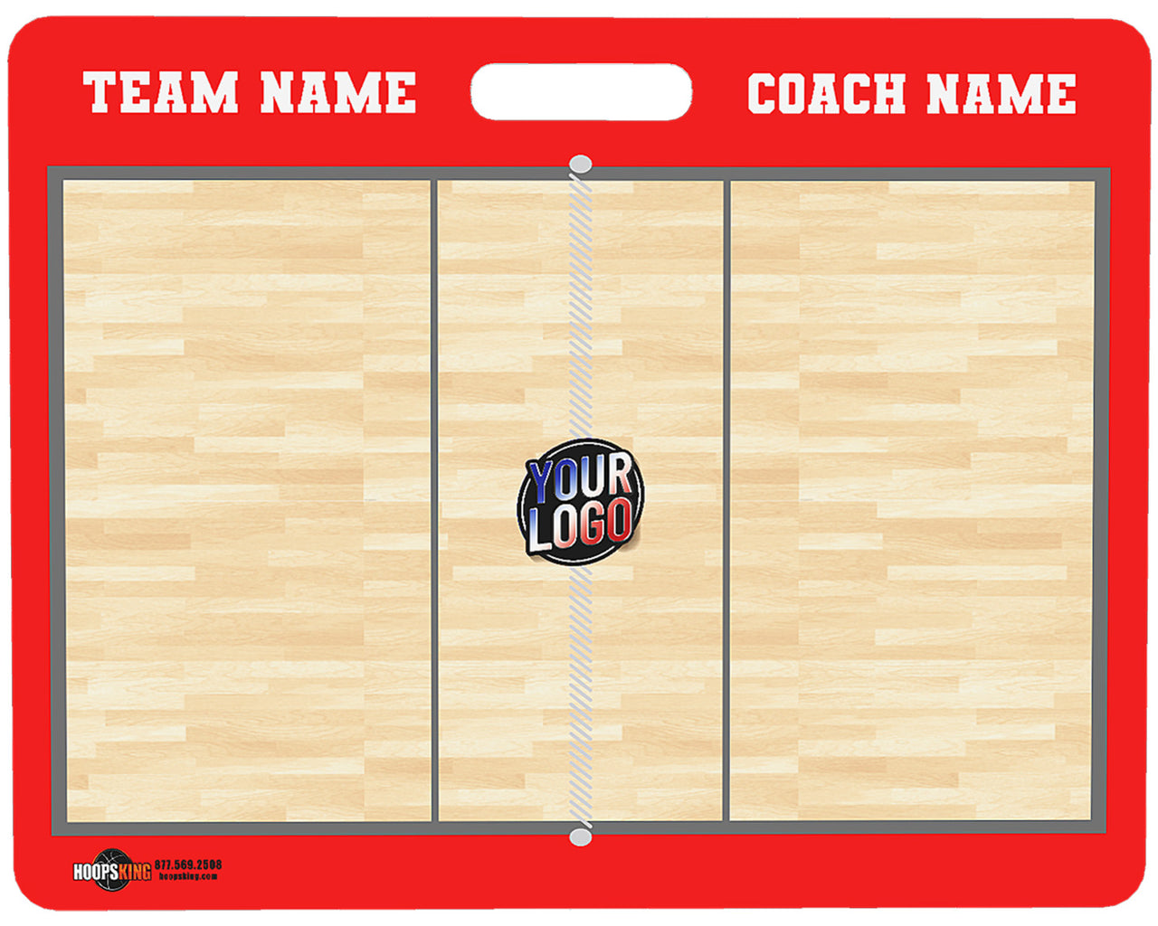 Red custom volleyball coaching board with wood court graphic, "TEAM NAME", "COACH NAME", and "YOUR LOGO" text.