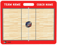 Thumbnail for Red custom volleyball coaching board with wood court graphic, "TEAM NAME", "COACH NAME", and "YOUR LOGO" text.