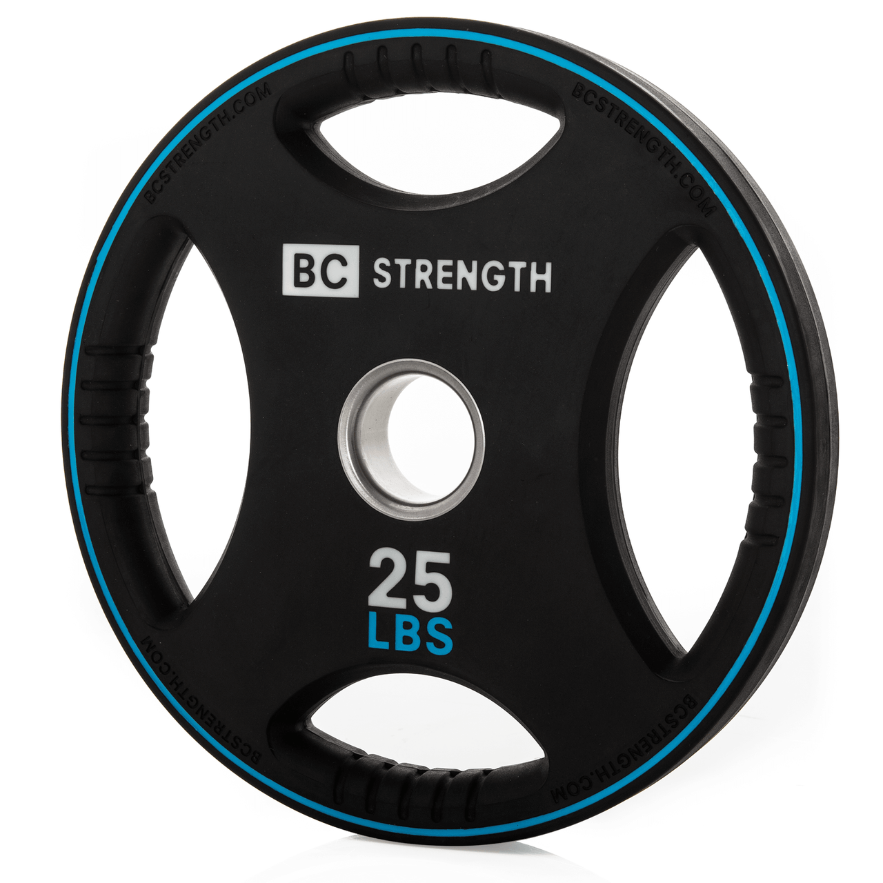 BC Strength 25lb rubber-coated Olympic weight plate with quad grip handles