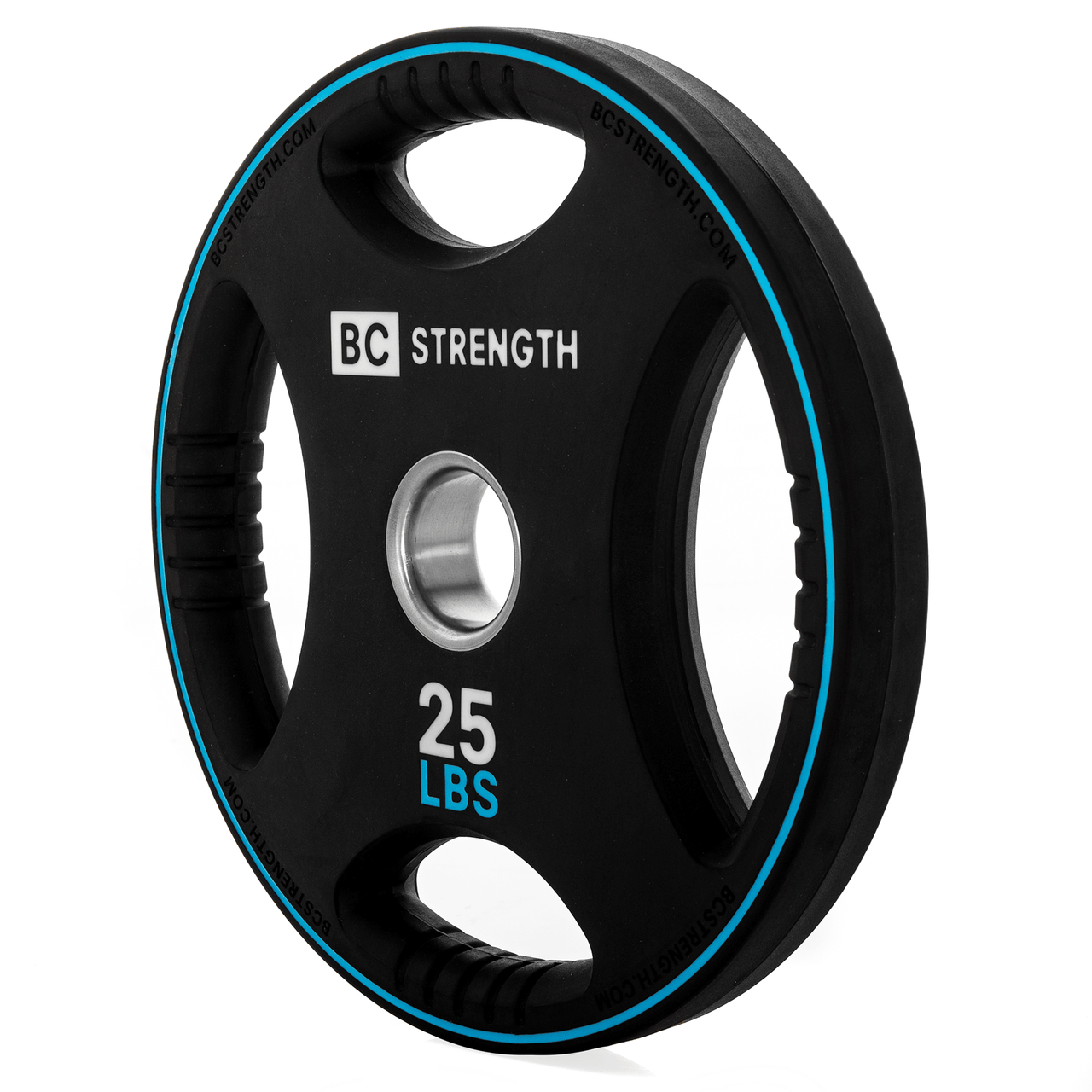 BC Strength 25lb rubber-coated Olympic weight plate with quad grip handles