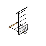 Isometric drawing of a ceiling-hung basketball backstop with a clear backboard and black rim.