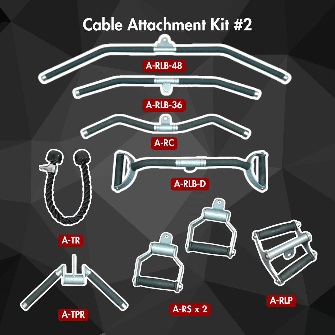 Gym cable attachment kit with 4 lat bars, a triceps rope, a curl bar, 2 single handles, and a double handle.