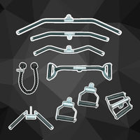 Thumbnail for A collection of cable machine attachments including lat bars, curl bars, single/double handles, and a triceps rope.