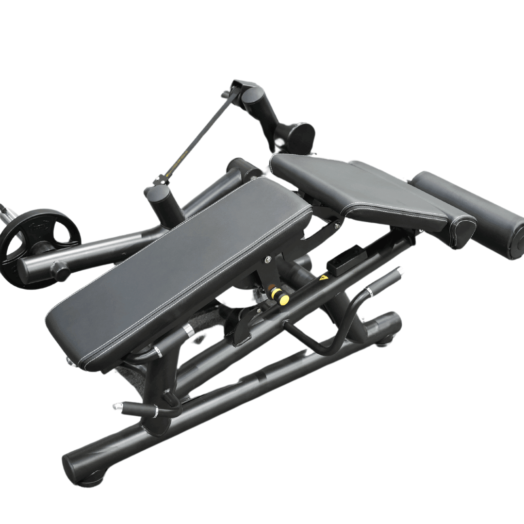 Black plate-loaded leg extension and curl machine with padded seats and rollers.