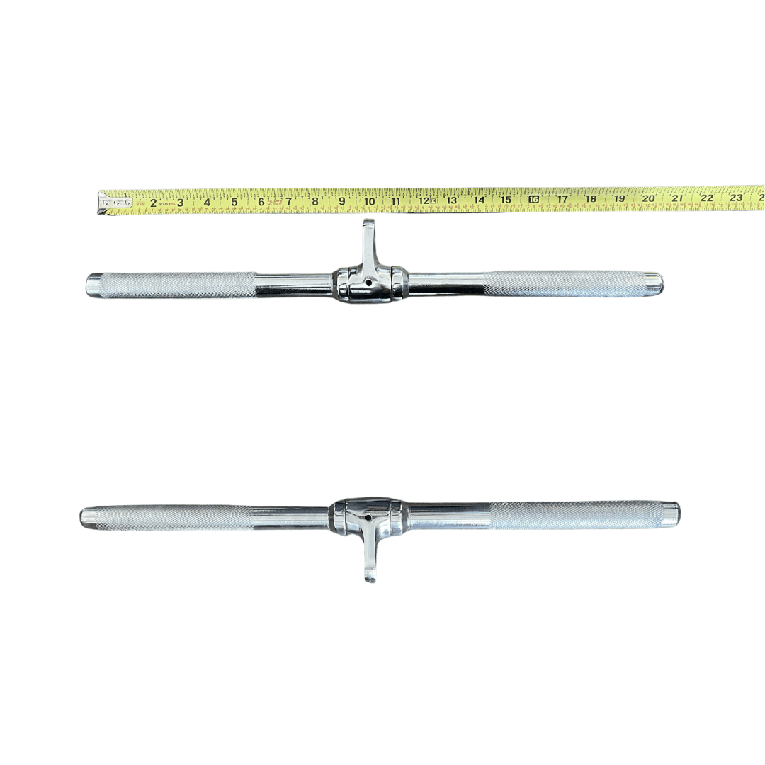 Two views of a chrome, knurled straight bar cable attachment, with a measuring tape above the top view.