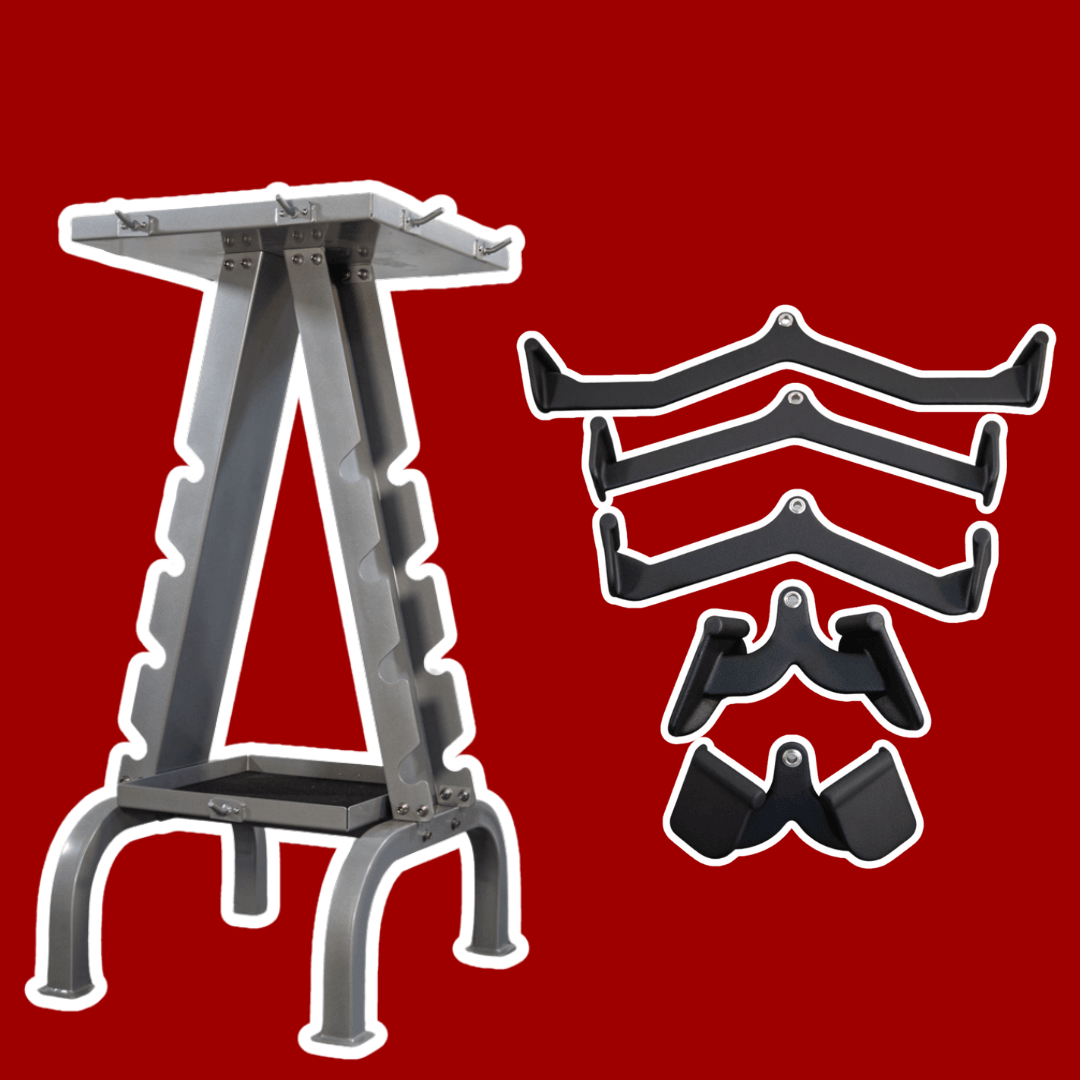 Gray metal storage rack with 6 black cable attachments on a red background.
