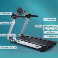 Thumbnail for Black and silver X6 treadmill with LED console, tablet holder, and labeled features on a blue background.
