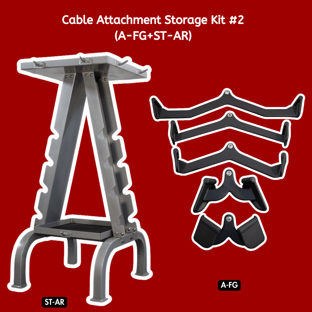 Gray cable attachment storage rack with 5 black functional grip cable attachments on a red background.