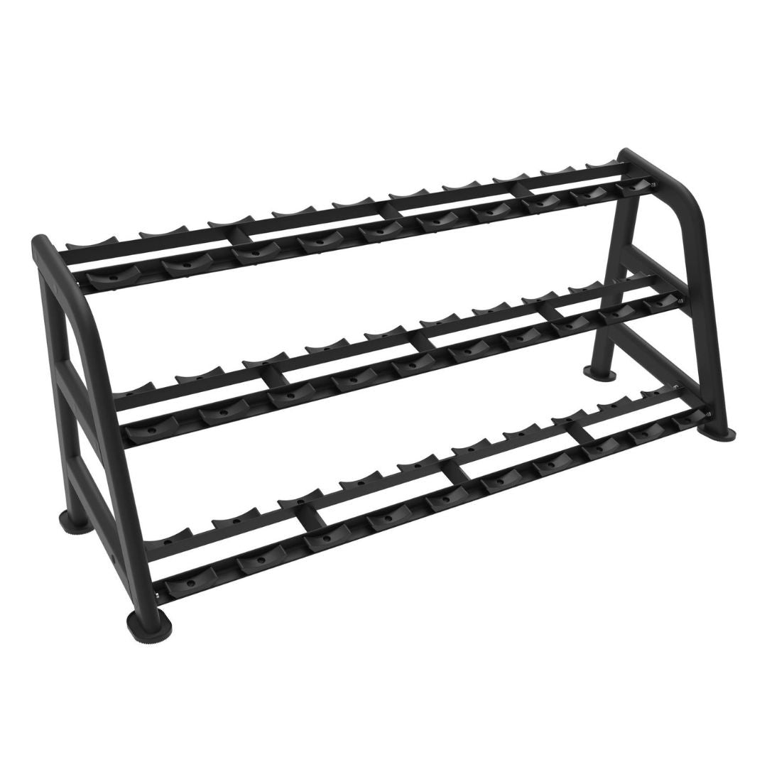 Black 3-tier commercial dumbbell rack with empty cradles, angled view.