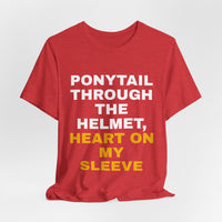 Thumbnail for Ponytail Through The Helmet, Heart On My Sleeve — Softball T-Shirt
