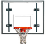 Clear glass basketball backboard with orange rim and white net.