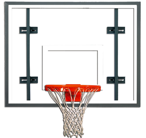Clear glass basketball backboard with orange rim and white net.