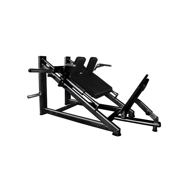 Black plate-loaded linear hack squat machine with adjustable foot plate and shoulder pads.