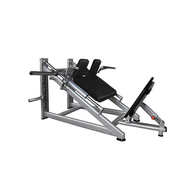 Silver plate-loaded hack squat machine with black padded seat and footplate.